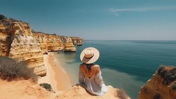 besök turism i Portugal, atlanten hav och desorienterande tropisk strandlinje. kreativ resurs, ai genererad foto