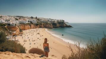 besök turism i Portugal, atlanten hav och härlig tropisk strandlinje. kreativ resurs, ai genererad foto