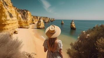 besök turism i Portugal, atlanten hav och desorienterande tropisk strandlinje. kreativ resurs, ai genererad foto