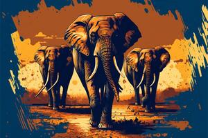 savann trio. en grunge-stil konstverk av tre majestätisk afrikansk elefanter promenader genom de omfattande savann. perfekt för natur, djur, äventyr mönster. generativ ai illustration. foto