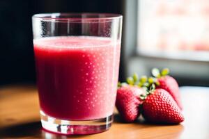 färsk jordgubb smoothie i en glas på en trä- tabell., närbild. friska mat begrepp. generativ ai foto