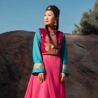 ai genererad skön kazakh asiatisk kvinna porträtt i nationell kostym. kvinna med bebis foto