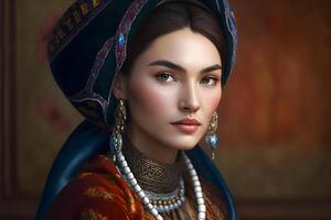 ai genererad skön kazakh asiatisk kvinna porträtt i nationell kostym. kvinna med bebis foto