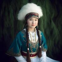 ai genererad skön kazakh asiatisk kvinna porträtt i nationell kostym. kvinna med bebis foto