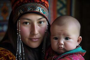 ai genererad skön kazakh asiatisk kvinna porträtt i nationell kostym. kvinna med bebis foto