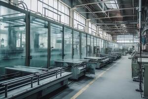 bakgrund av en fabrik med maskineri på en glas tillverkning linje. ai genererad foto