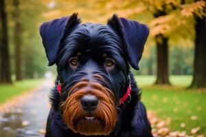 söt jätte schnauzer. porträtt av en skön jätte schnauzer hund i de parkera. generativ ai foto