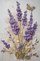 generativ ai, lavendel- grenar hand dragen olja målning med gyllene löv på vit bakgrund foto
