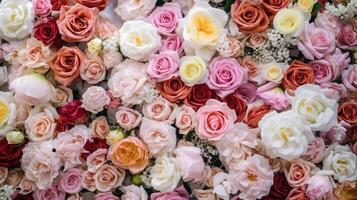 generativ ai, blommor vägg bakgrund med vit och ljus rosa färsk rosor, pastell och mjuk bukett blommig kort foto