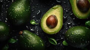 generativ ai, makro färsk saftig halv och hela av grön avokado frukt bakgrund som mönster. närbild Foto med droppar av vatten