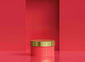 realistisk mörk röd och guld 3d cylinder piedestal podium.minimal runda scen med ljus och skugga. skede monter, attrapp produkt visa foto