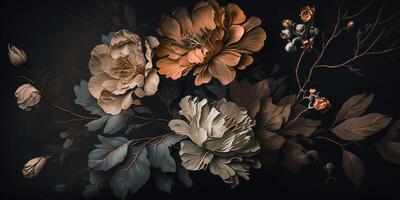 generativ ai, stänga upp av blomning rabatter av Fantastisk aprikos orange Färg blommor på mörk lynnig blommig texturerad bakgrund. fotorealistisk effekt.. foto