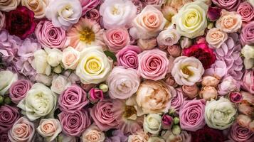 generativ ai, blommor vägg bakgrund med vit och ljus rosa färsk rosor, pastell och mjuk bukett blommig kort foto