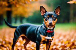 miniatyr- pinscher Sammanträde på de jord i de parkera. generativ ai foto