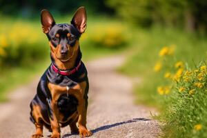 miniatyr- pinscher Sammanträde på de jord i de parkera. generativ ai foto