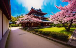 japansk tempel i vår med blomning körsbär träd. digital målning..akvarell måla. digital konst, generativ ai foto