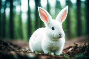 kanin i de skog på solnedgång. djur- i natur. påsk kanin. vilda djur och växter scen. generativ ai foto