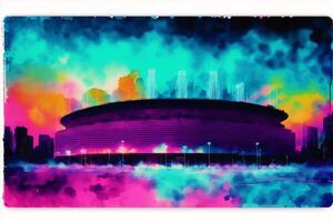 stadion på de vattenfärg bakgrund. stiliserade ritning.abstrakt färgrik bakgrund. vattenfärg måla. digital konst, generativ ai foto