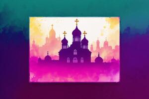 kyrka silhuett på en färgrik bakgrund. abstrakt färgrik bakgrund. vattenfärg måla. digital konst, generativ ai foto