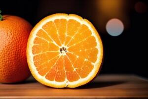 nyligen pressas orange juice i en glas på trä- tabell, närbild. friska mat begrepp. generativ ai foto