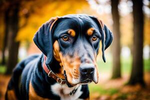 porträtt av en skön hund ras amerikan engelsk coonhound i de parkera. generativ ai foto