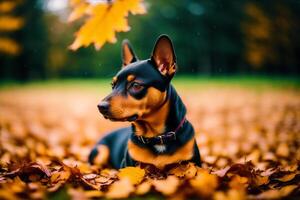 miniatyr- pinscher Sammanträde på de jord i de parkera. generativ ai foto