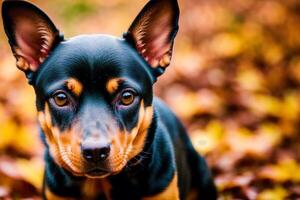 miniatyr- pinscher Sammanträde på de jord i de parkera. generativ ai foto