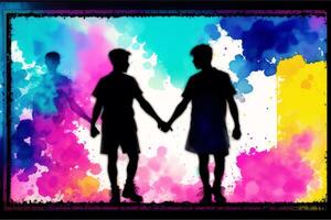 stolthet månad. en färgrik illustration av två män innehav händer. Gay par utgifterna tid tillsammans. hbtq. generativ ai foto