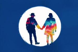 stolthet månad. en färgrik illustration av två män innehav händer. Gay par utgifterna tid tillsammans. hbtq. generativ ai foto