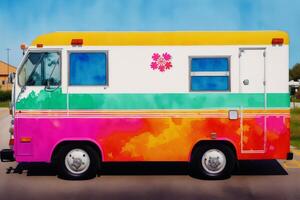 årgång Färg ambulans bil på grunge bakgrund. vattenfärg måla. digital konst, generativ ai foto