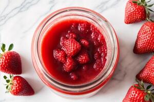 jordgubb sylt i en glas burk med färsk jordgubbar, närbild. friska mat begrepp. generativ ai foto