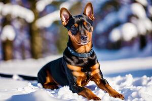 miniatyr- pinscher Sammanträde på de jord i de parkera. generativ ai foto