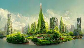 spektakulär eko-futuristisk stadsbild full med grönska, skyskrapor, parker, och Övrig konstgjorda grön utrymmen i urban område. grön trädgård i modern stad. foto