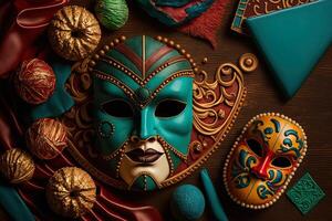 illustration, generativ ai flerfärgad karneval mask fest inspirerad i gammal venetian domino foto