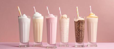 sortiment av milkshake på pastell bakgrund. ai generativ foto