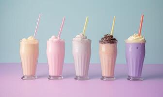 sortiment av milkshake på pastell bakgrund. ai generativ foto