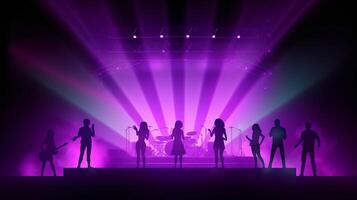 neon glöd musik konsert skede med lila Färg. ai generativ foto