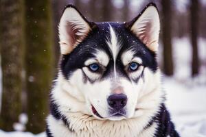 porträtt av en skön alaskan hes hund i de parkera. sibirisk hes hund med blå ögon i vinter- skog. generativ ai foto