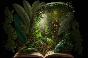 en tropisk regnskog djungel med papegoja, fågel, apa, Varg visas öppning en bok. djungel bok för unge. fantastisk djungel landskap. generativ ai foto