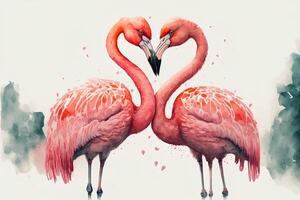 generativ ai söt söt par flamingos kissing hjärtans dag. kärlek kort rosa flamingo i kärlek kissing på vit bakgrund. valentine begrepp foto