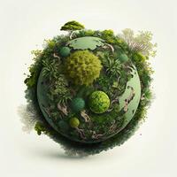 generativ ai en grön mini planet jorden, illustration av planet jord med en jätte träd. energi sparande, ekologi och miljö hållbar Resurser bevarande begrepp. foto
