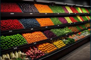 vegetabiliska jordbrukare marknadsföra disken färgrik olika färsk organisk friska grönsaker på matvaror Lagra. friska naturlig mat begrepp. generativ ai foto