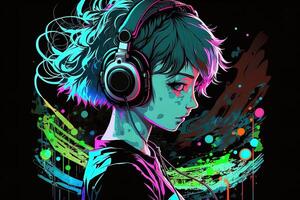 generativ ai ett neon gamer anime mode flicka eller kvinna bär hörlurar, förlorat i henne musik. abstrakt bakgrund den där framkallar de känsla av annorlunda genrer av musik. baner musik begrepp foto