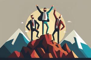 generativ ai affärsmän stående på topp av en berg i seger poserar.affärer Framgång begrepp. Framgång i liv begrepp, med företag person fira på topp av berg foto