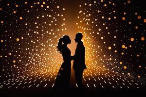 silhuett par danser i främre av en vägg av lampor, exemplifierande de energi och passionen i deras relation, generativ ai, valentine begrepp. foto
