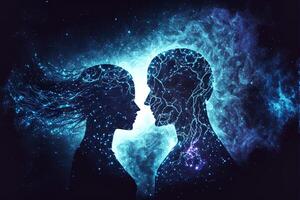 man och kvinna silhuetter på abstrakt kosmisk bakgrund. mänsklig själar par i kärlek. astral kropp, esoterisk och andlig liv begrepp generativ ai foto