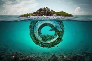 återvinna symbol i de hav. generativ ai grön energi begrepp, Nej Mer skräp och plast i hav. spara de hav från sopor. skyddande de oceaner och hav. eco kraft foto