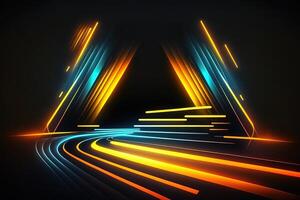 abstrakt trogen färgrik bakgrund med lampor, generativ ai. abstrakt trogen neon bakgrund med lysande stigande rader. fantastisk bakgrund för gamer eller glida visa foto