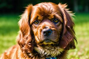 porträtt av en skön hund ras amerikan cockerspaniel spaniel. en skön stolt kung charles spaniel hund i de parkera. generativ ai foto