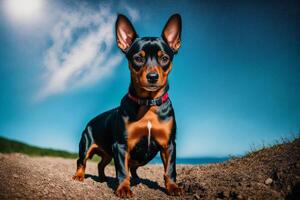 miniatyr- pinscher Sammanträde på de jord i de parkera. generativ ai foto